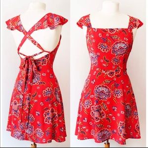 Red Lace Up Open Back Square Neck Dress